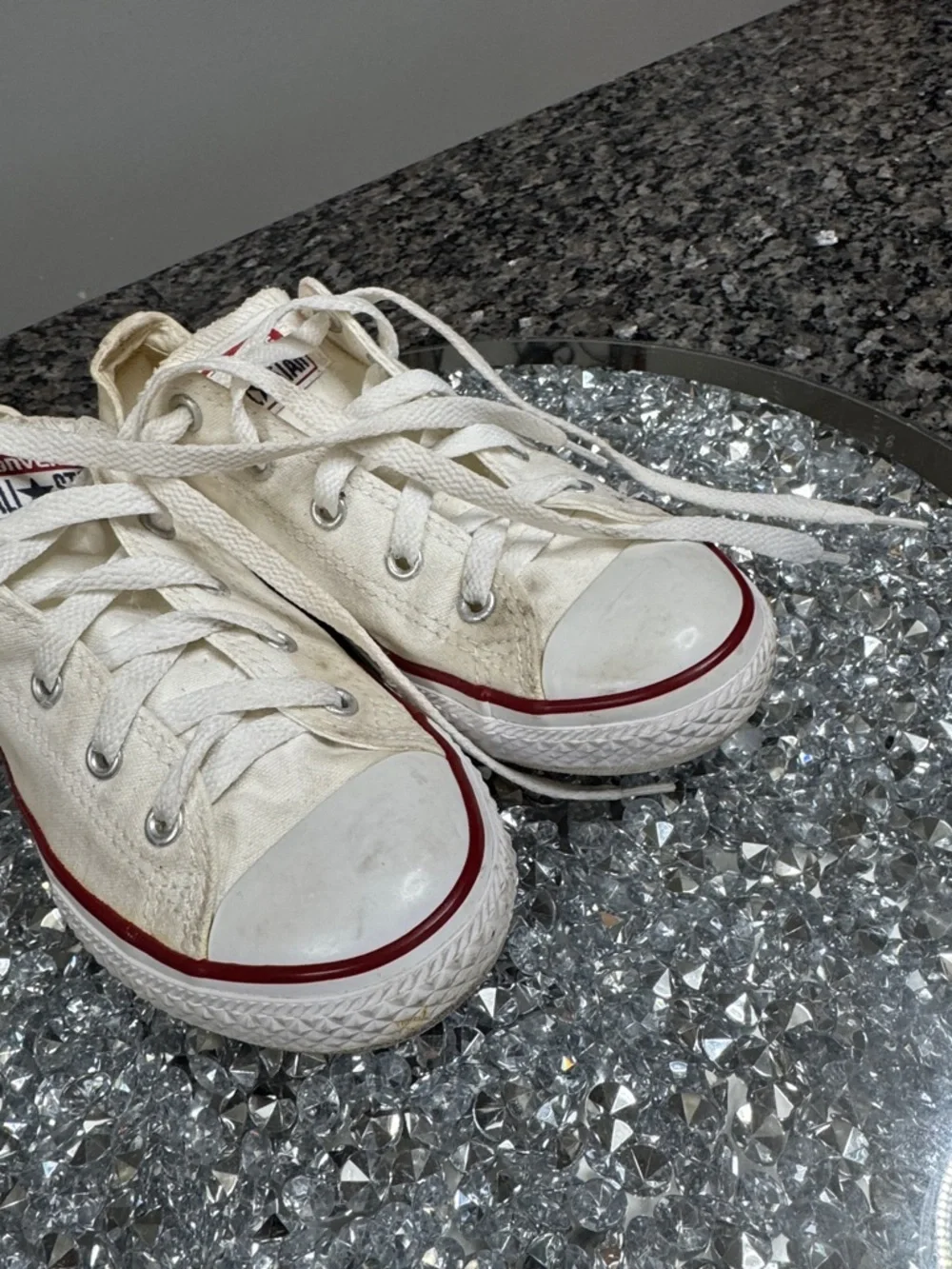 Converse Low Top Canvas Sneakers - White with Red Stripe womens 5 Youth 3